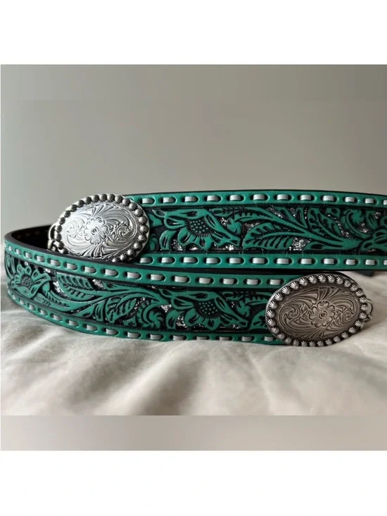 Nocona Turquoise Floral Tooled Leather Belt with Silver Conchos - Picture 1 of 8